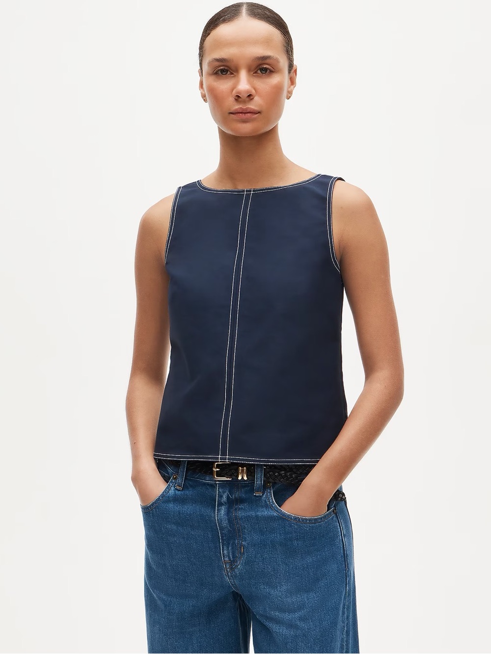 J Crew Contrast-stitch shell top in double cotton poplin